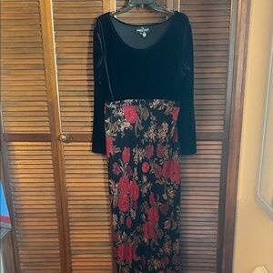 Carole Little Black Velvet Bodice Maxi Dress with Red Floral Skirt